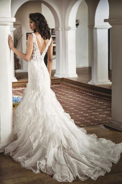 Embroidered Lace & Organza Wedding Bridal Dress with V-neckline