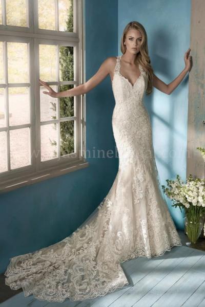 V-neck Lace Wedding Dress with Halter Straps