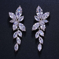 LXOEN Marquise Cut Flower Zirconia Crystal Long Drop Earrings for Women Shiny Leaf CZ Stone Bridal Wedding Jewelry