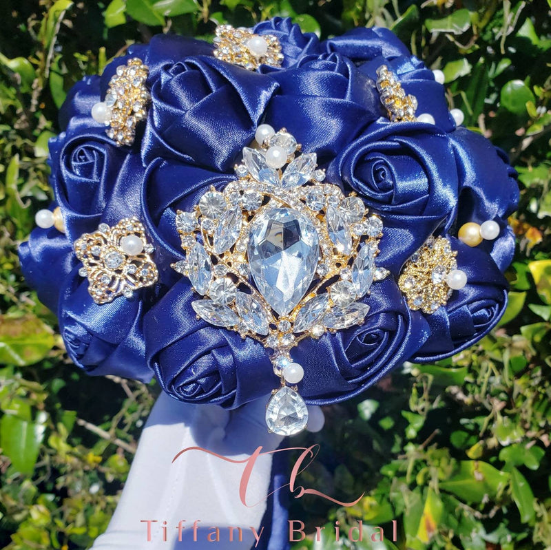  Navy Blue Silver Gold Bridal Wedding Bouquet
