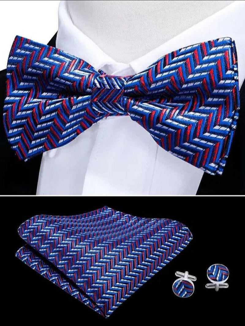 Men's Silk Bowtie and Pocket Square with Woven Cufflink Set