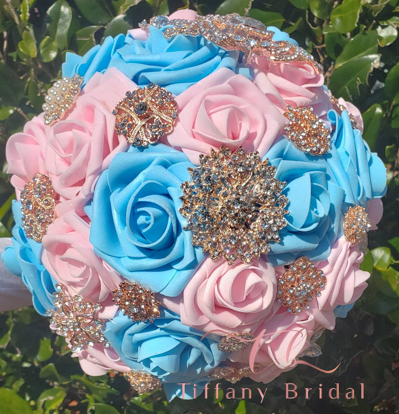 Blue and Pink Rose Wedding Bouquet-Brooch Bouquet-Bridal Bouquet-Keepsake Bouquet-Toss Bouquet-Wedding Flowers-Bridesmaid Bouquet