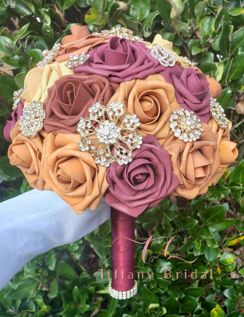 Dusty Gold and Burgundy Bouquet - Brooch Bouquet - Bridal Bouquet - Keepsake Bouquet - Toss Bouquet - Wedding Flowers - Bridesmaid Bouquet