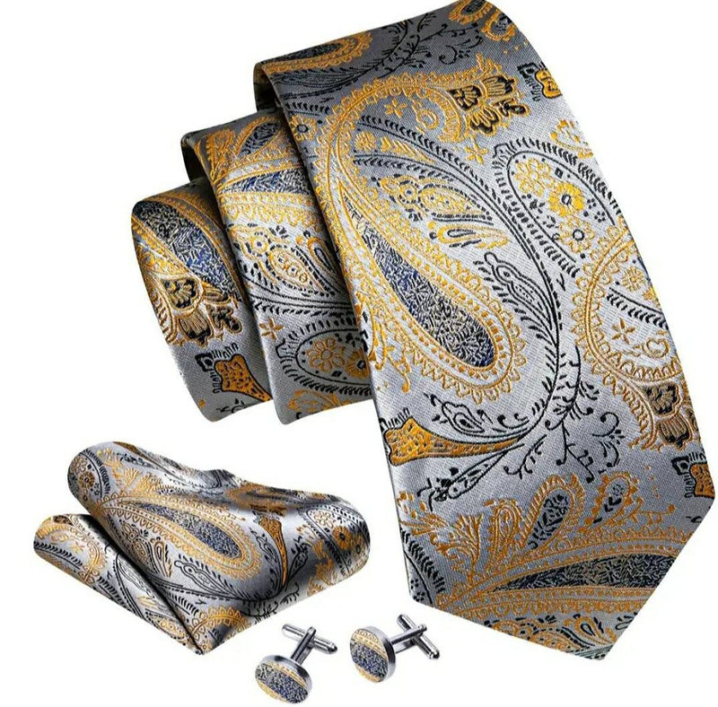 Men's Silk Necktie | Pocket Square | Woven Cufflink Set Silver/Black/Gold